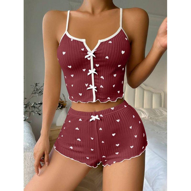 

2025 New Arrival Bow Suspenders Pajamas Spring and Summer Sunken Stripe Heart Women s Printed Two-Piece Suit Sexy Home Wear Wine Red XXL