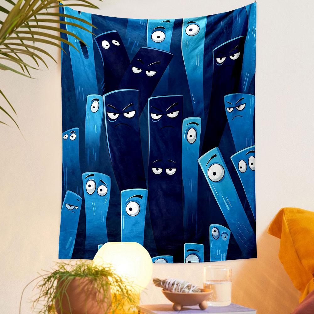 "Blue Cartoon Faces with Expressions Design" Patterned Tapestry Home Decor, Suitable for Bedroom and Living Room, Gift