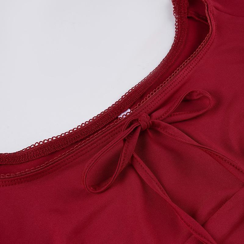 Women Red Square Neck Lace Trim Bow Detail Short Sleeve Slim Fit Casual Blouse