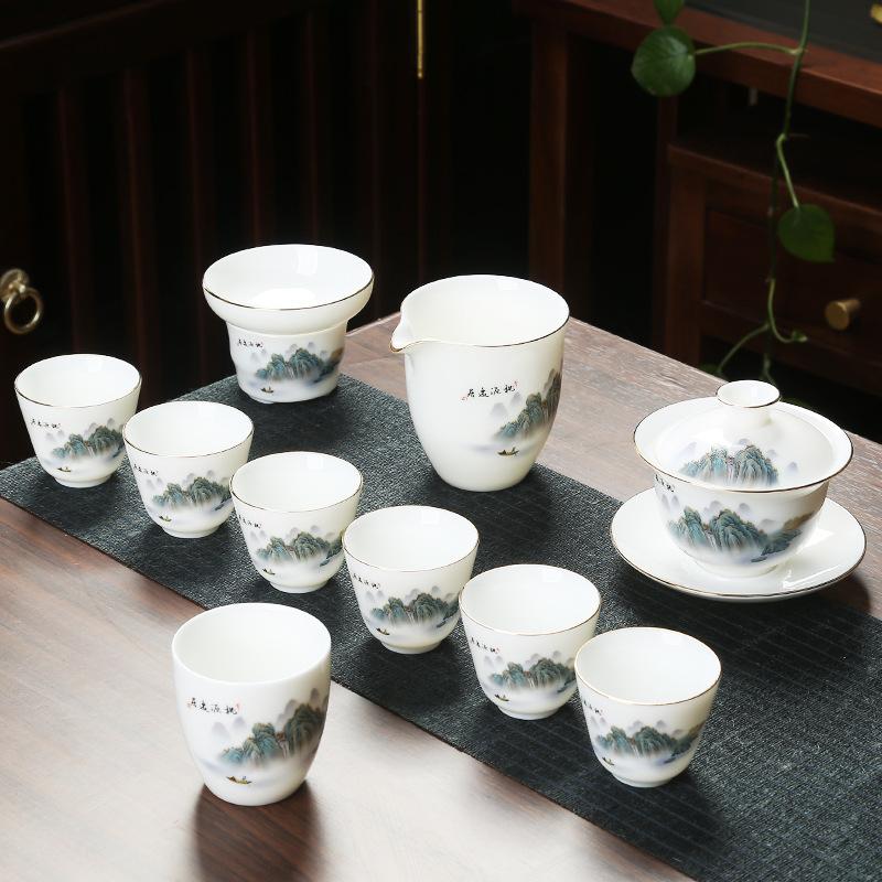 Ceramic suet jade porcelain kung fu tea set with gifts for home use