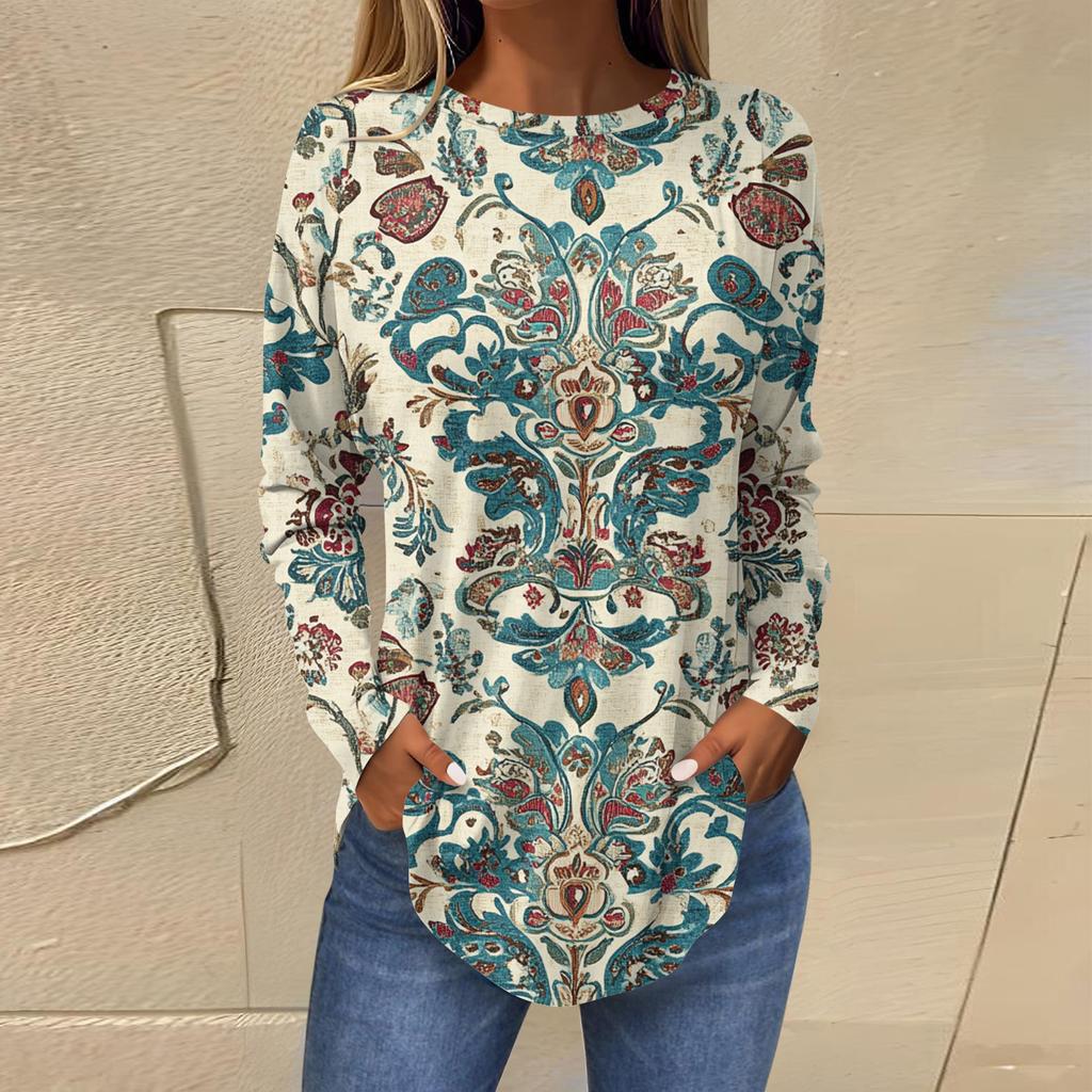 Cămăși Pentru Femei Drăguțe Tricou cu Imprimeu Model Vintage Mânecă Lungă Tunici Pulovere din Bumbac