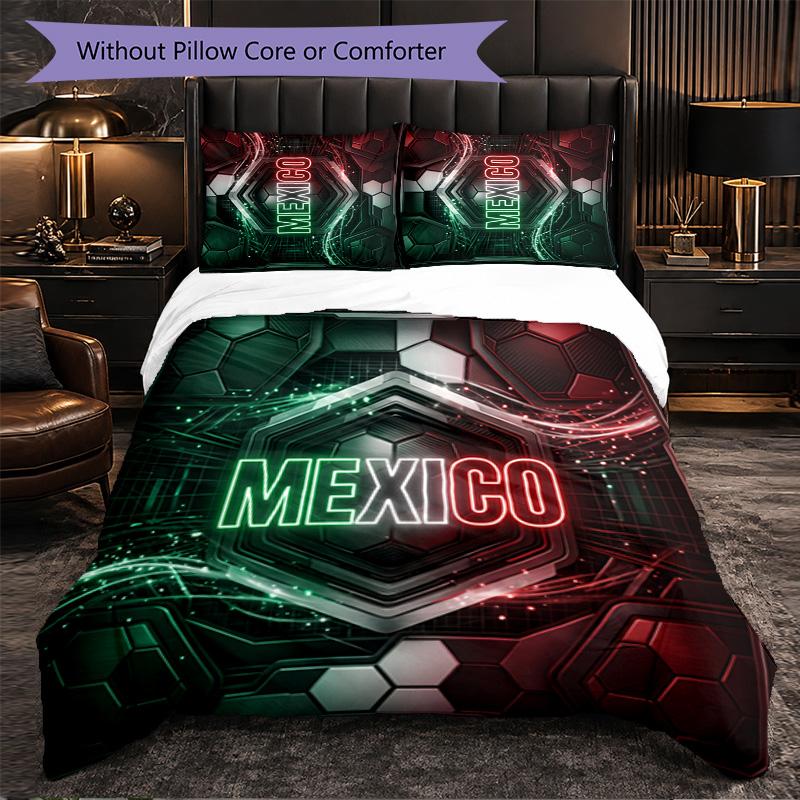 Mexico Footbal Pattern 3 Pieces Bedding Set Soft Microfiber Duvet Cover with Pillow Cases for Bedroom