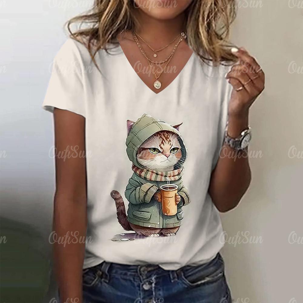 3D Cartoon Cat Print Cute Animal Women's T-shirts Casual Streetwear Short Sleeves Tees Pullover Summer New Women Clothing Tops