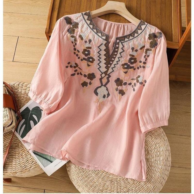 Womens Linen Cotton Embroidered Blouse Casual V Neck 3/4 Sleeve Loose Top M розовый