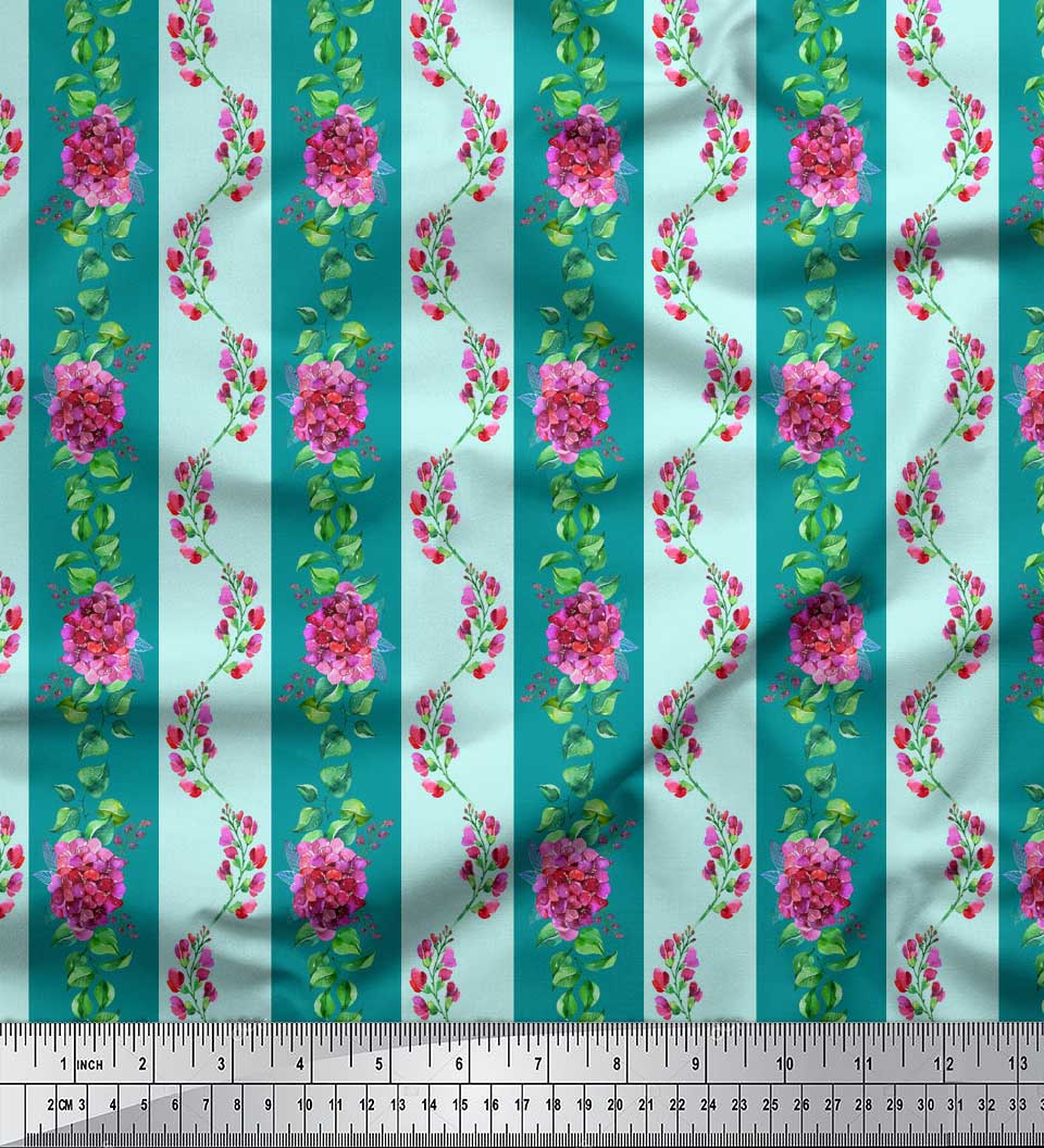 

Тканина Soimoi Blue Japan Crepe Satin Leaves & Madhabilata Stripe Print Тканина на метри 42 дюйма 42 Inch Wide - Poly Crepe зелений