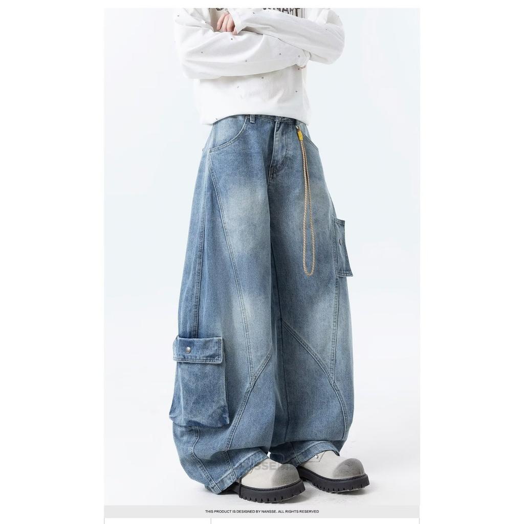 High Street Deconstruction Multi-pocket Jeans Men's Versatile Design Sense Wide Leg Pants American Washed Silhouette Scimitar Pants Spring