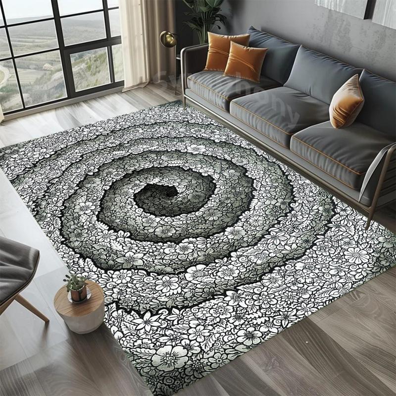 

Black White 2D Visual Spiral Floral Area Rug Hypnotic Illusion Pattern Durable Low-Pile Carpet for Living Room Bedroom Entryway 40x60cm