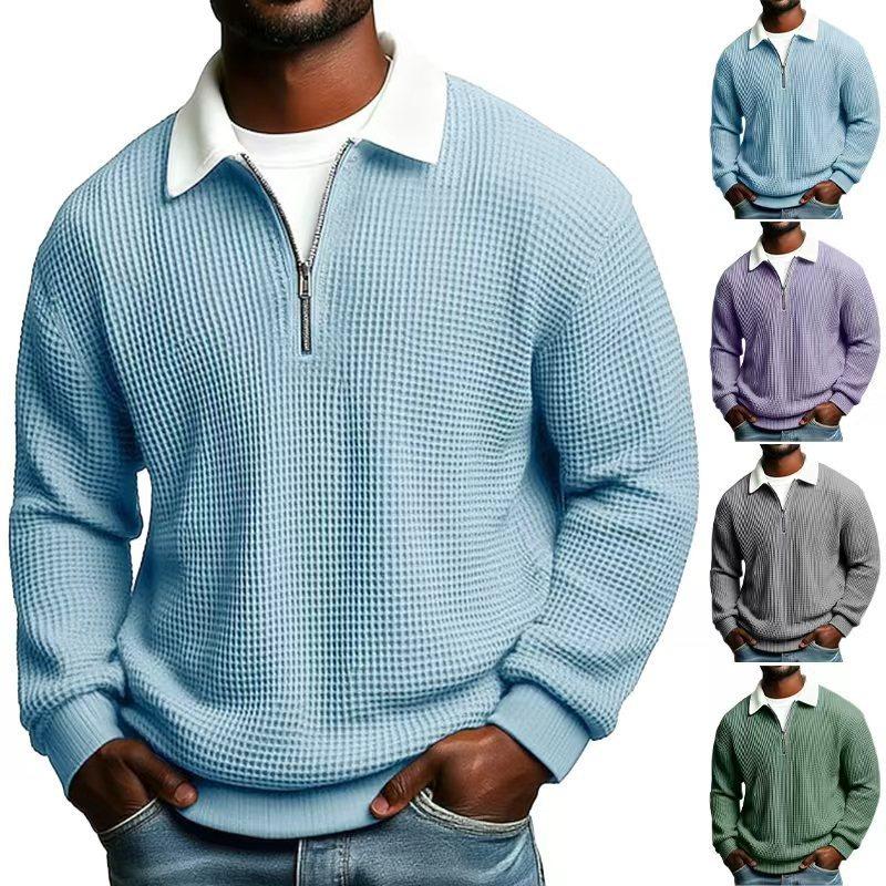 Men's Solid Big Waffle Knit Long Sleeve Polo Shirt, Lapel Zip Casual Sports Top for Autumn