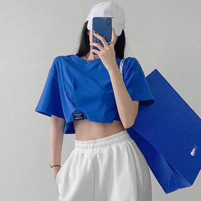 Harajuku Eenvoudige effen kleur Crop Top Vrouwen Casual Korte Mouw T-shirt Zomer sexy losse jong meisje korte T-shirt tops koreaanse kleding