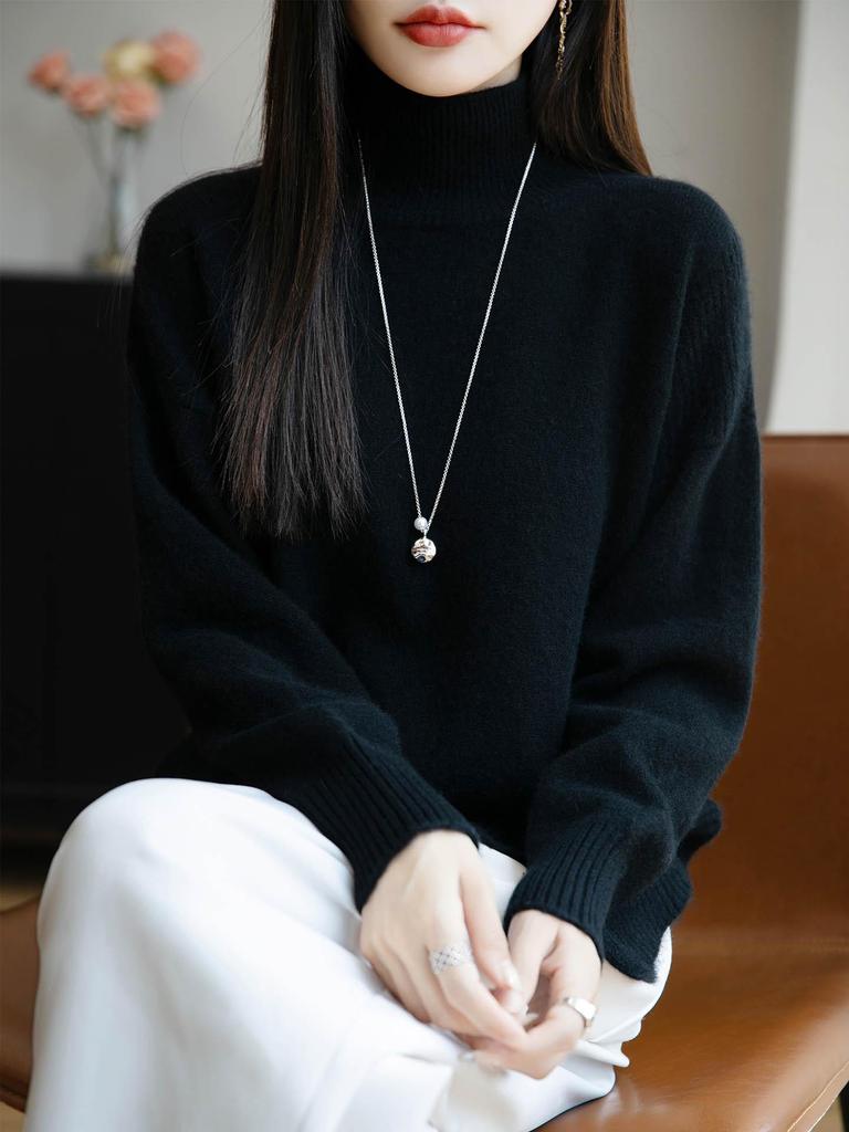 Pure Wool Seven-Stitch Thickened Sweater - Autumn/Winter, Long Sleeve, Half-High Collar with Irregular Slit.