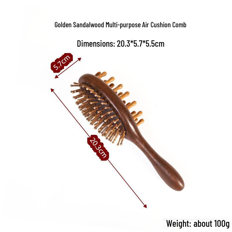  Pettine Massaggiante con Cuscinetto d'Aria in Sandalo Dorato - Pettine Retrò in Legno Massiccio per Capelli Lunghi da Donna