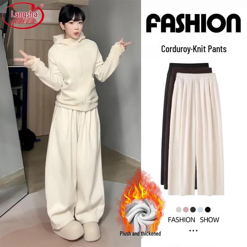 Làngshā Women s Fleece Lined Corduroy Wide-Leg Pants M