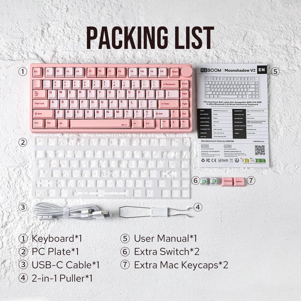 KiiBOOM Moonshadow V2 Wireless Aluminum Gaming QMK VIA Programmable Mechanical Hot Creamy FR4 4000mAh Battery 75% Keyboard, & Keyboard,