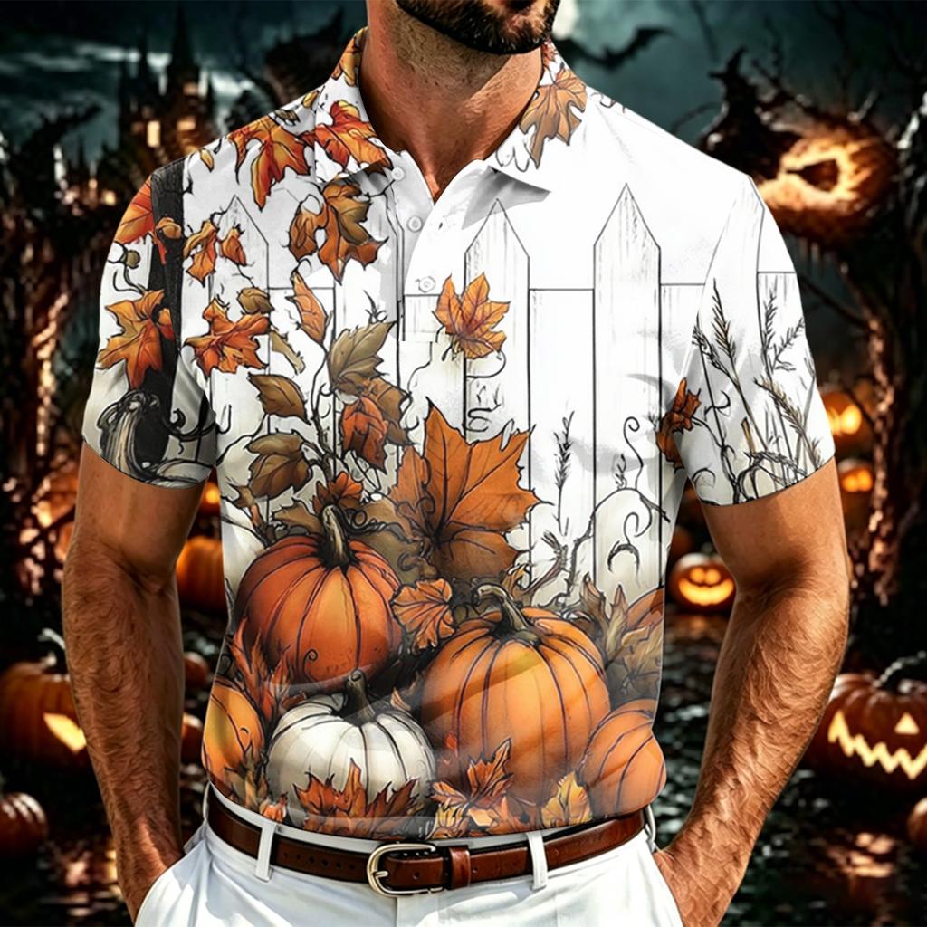 Men's Halloween Print Polo Shirt Short Sleeve Breathable Mesh Lightweight Casual Collared Top for Seasonal Wear