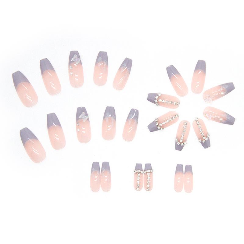 Artificial Nails Taro Milk Wear Nails Blue French Crystal Butterfly with Diamonds Ice Transparent Nail Art Long False Nails
