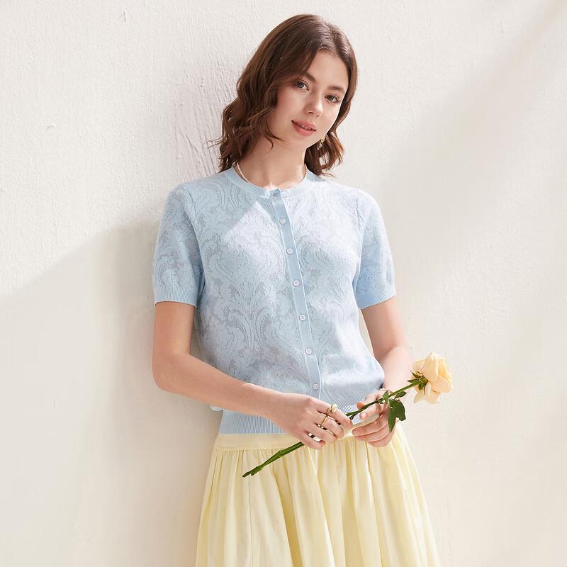 Zhaojun 2026 S/S Women's Mulberry Silk Retro Jacquard Knit Short Sleeve Cardigan