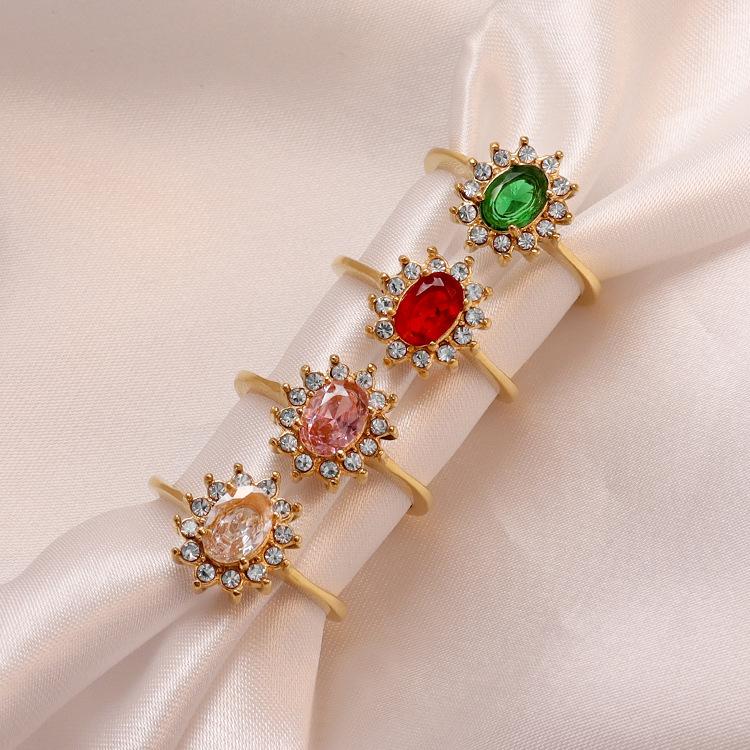 18K Gold Plated Double Layer Coarse Zircon Ring Stainless Steel Rimmed Oval Colored Zircon Ring for Woman