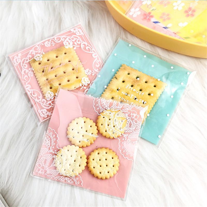 100 Pcs 10x10+3cm Flower Pattern Printed Plastic Bags Cookie Biscuits Snack Self Stick Package For Wedding Party Gift
