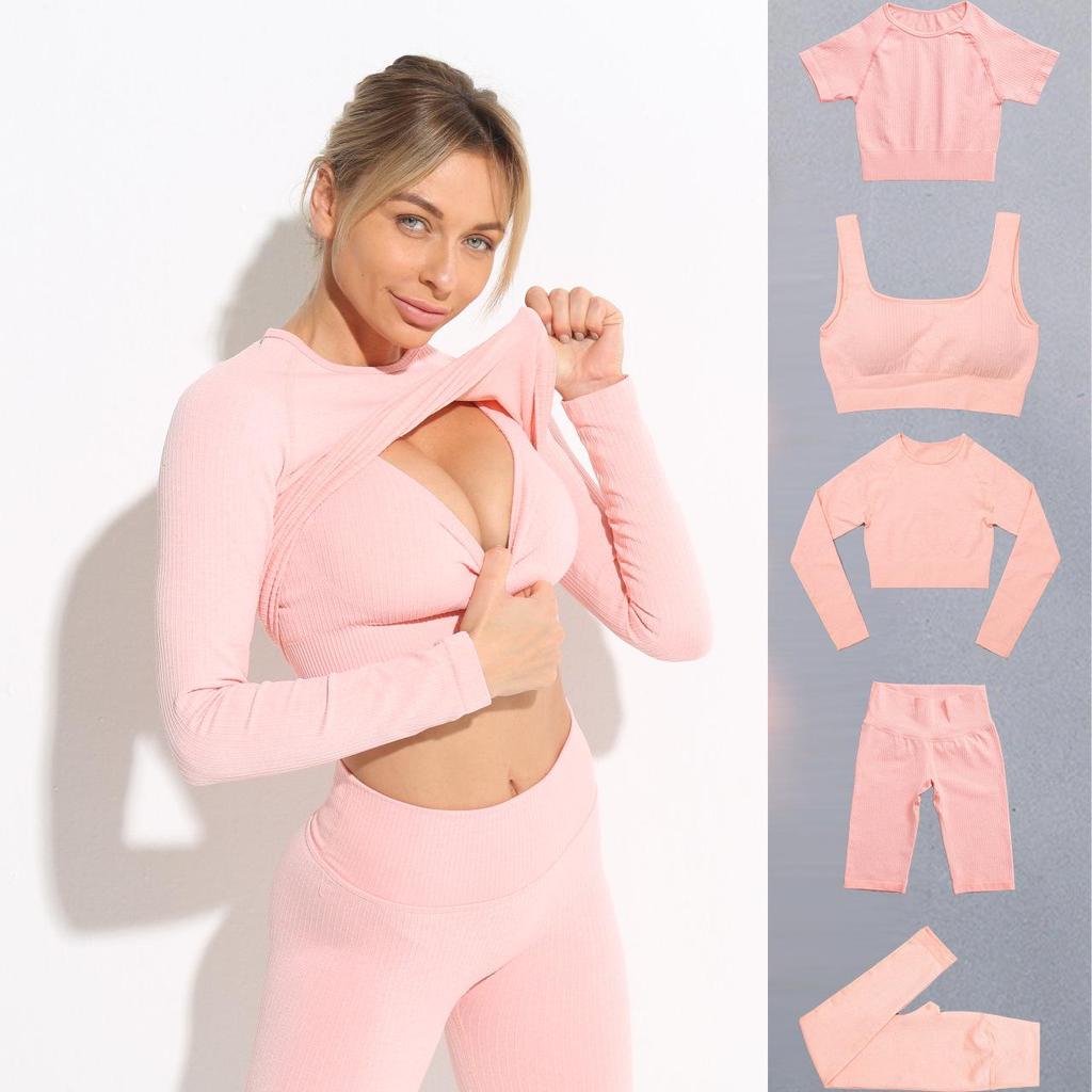 Women's Solid Color Seamless Ribbed Sports Bra and High Elastic Yoga Set