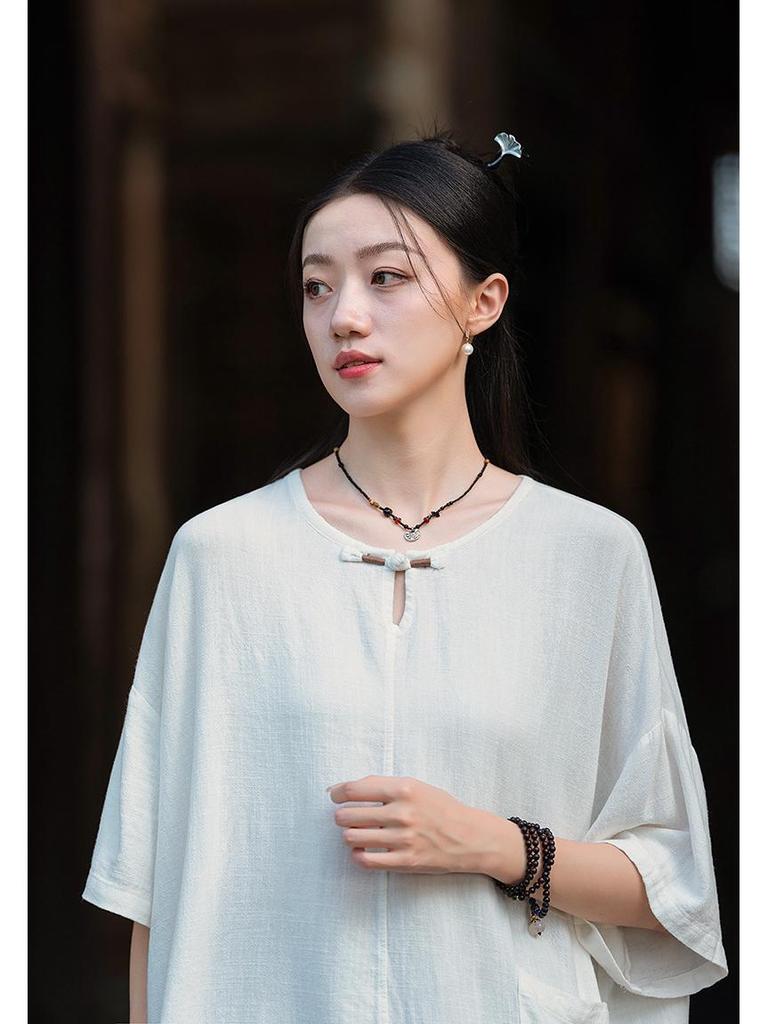 Damski Retro Okrągły Dekolt Guziki Żabki Bawełna Len Krótki Rękaw Top