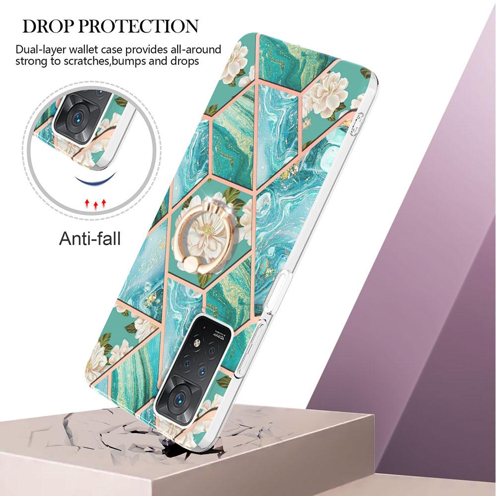Ring Bracket Golden Border Grid Marble Flower IMD Ultrathin Phone Case for Xiaomi Redmi Note 11S,Note 12 Pro 4G,Xiaomi 11T,Redmi 10,Poco X3 NFC...