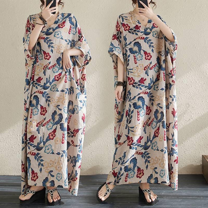 Johnature Woman Spring Casual V-Neck Vintage Print Dress Fashion Chinese Style Short Sleeves Dress