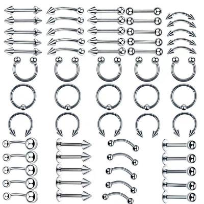 60-Piece Stainless Steel Piercing Jewelry Set: Lip, Nose, Tongue, Eyebrow Rings & Studs