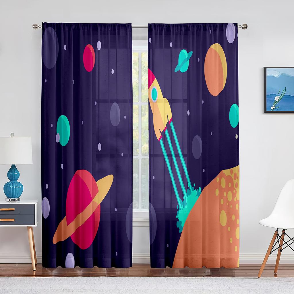 Tecknad Yttre Rymden Raket Planet Tyll Skira Fönstergardiner för Vardagsrum Pojkar Barn Sovrum Tyll Voile Gardiner Draperier Dekor