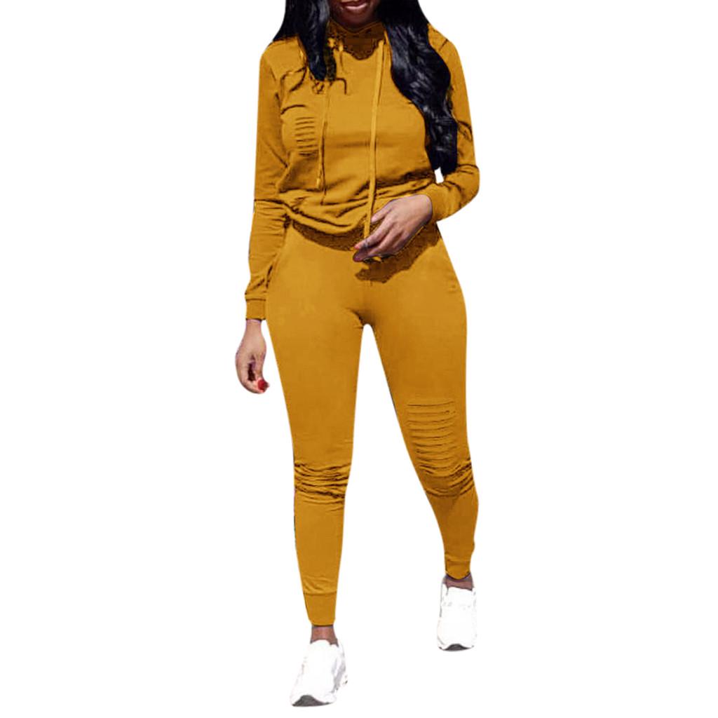 Fashion Womens Long Sleeve Hole Pocket Hoodies Drawstring Pants Loose Tops Set