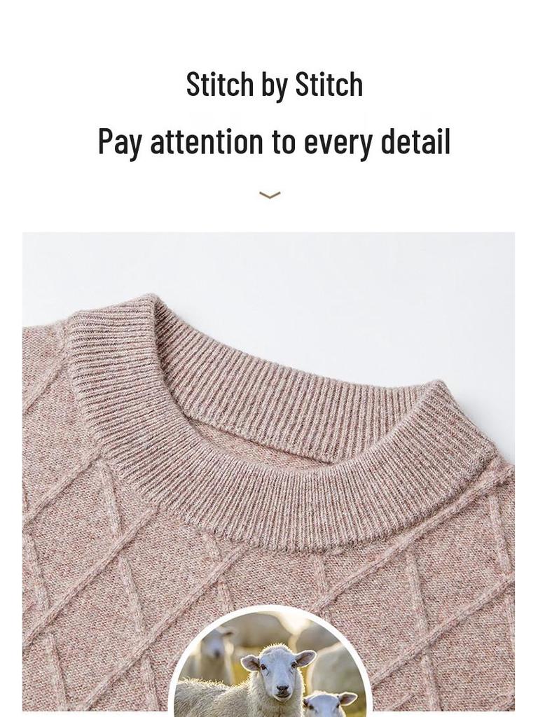 Men's 100% Wool Round Neck Winter Sweater, Casual Business Jacquard Knitwear