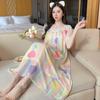Linglei Summer Printed Lace Bow Mesh Court Princess Style Long Nightdress Pajamas Loungewear Women
