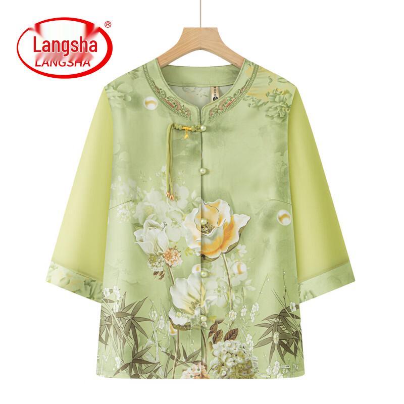 LangSha New Chinese Style Floral V-Neck Blouse for Elderly Women 2XL