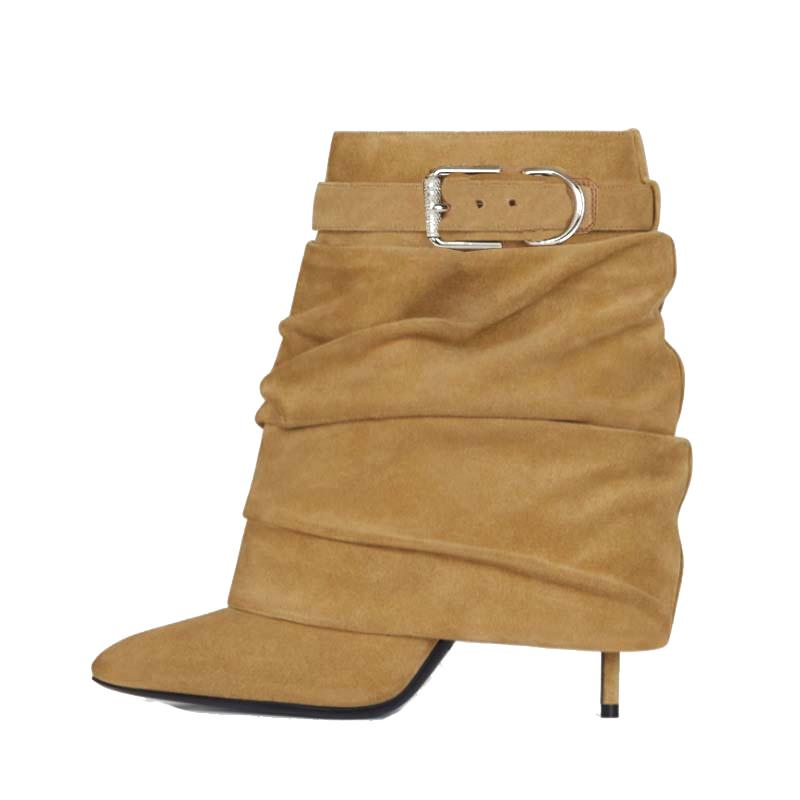 Fashion Brand New European American Pleated Middle Tube Stacking Boots Pointed Slim High Heels, Solid Color Fashionable Skirts Boots 43