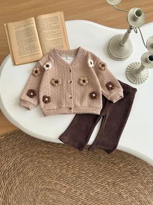 Autumn 3D Flower Wool Coat & Bell Bottom Pants Set for Girls, Knit Cardigan Set for Babies