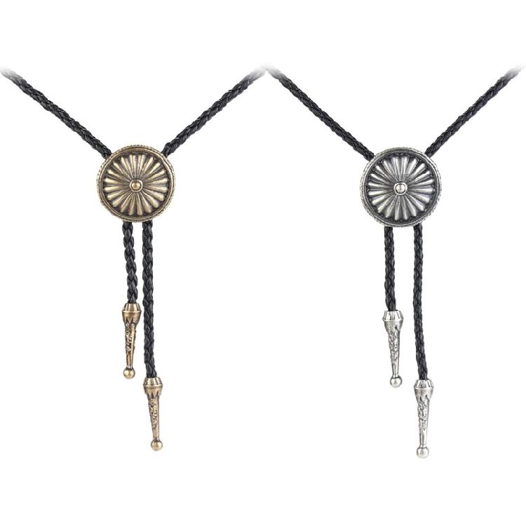 Men Bolo Tie Metal Round Flower Cowboy Hat Western Necklace Costume Accessories