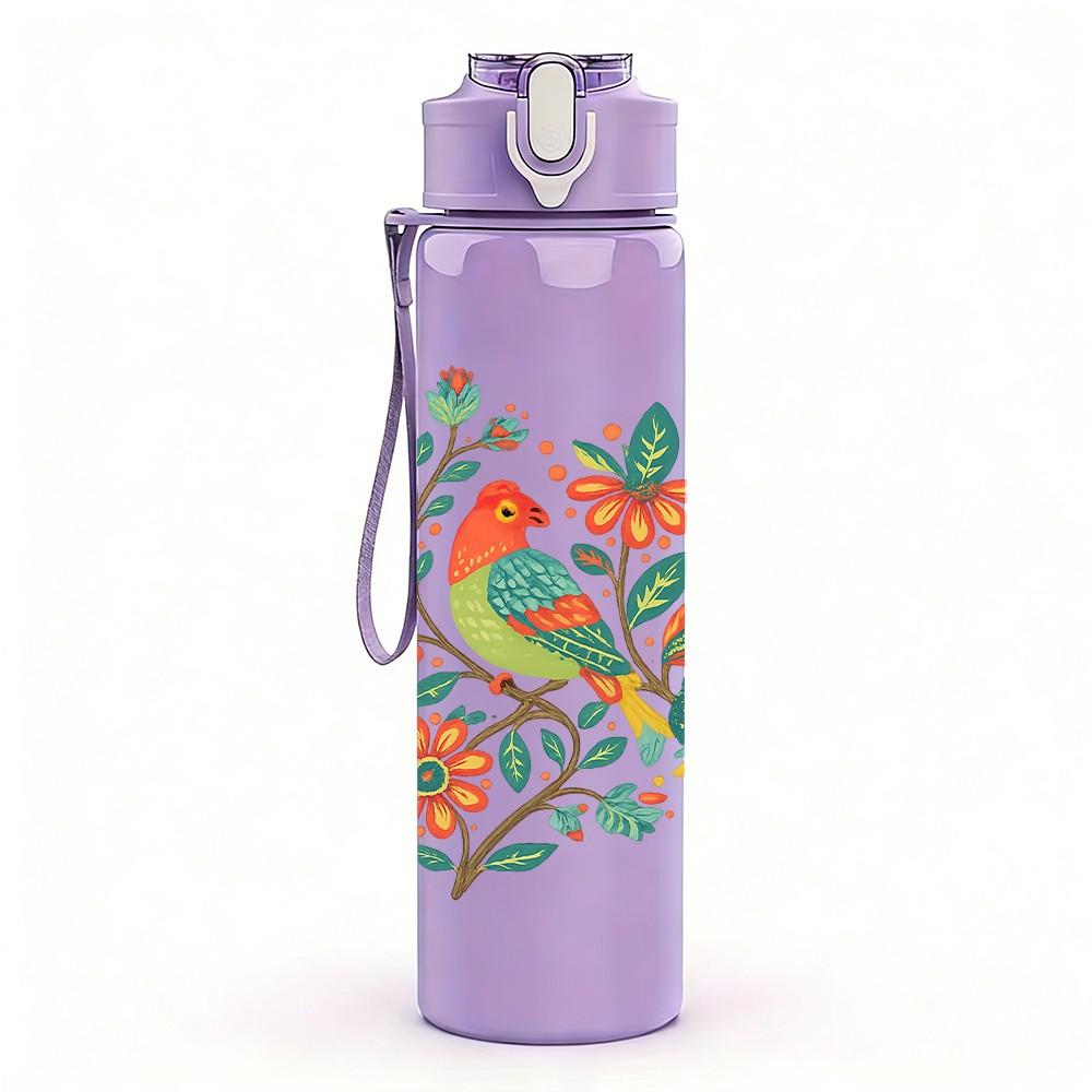 1PC Folk Floral Bird Art 750ml Color Plastic Sports Water Bottle Leakproof Flip Straw Lid Suitable for Sports Office Home Use