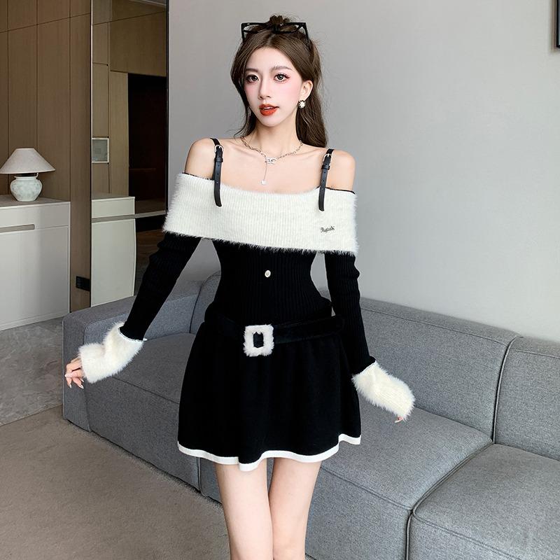 

Новое женское платье Sweet Spicy Girl с открытыми плечами и длинными рукавами, трикотажное женское элегантное платье-слинг Pure Desire L чёрный