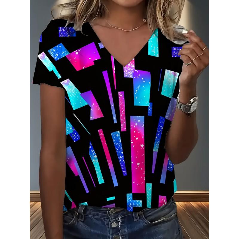 Womens V-Neck Loose Fit Short Sleeve T-Shirt With Colorful Geometric Starry Print Casual Top