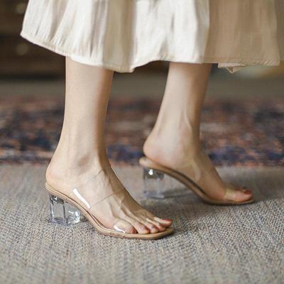 Fashion Transparent Heels Woman Ladies Slippers and Sandals Summer 2025 Trendyol Chunky Shoes Women Casual Slip-on Elegant Party Shoes