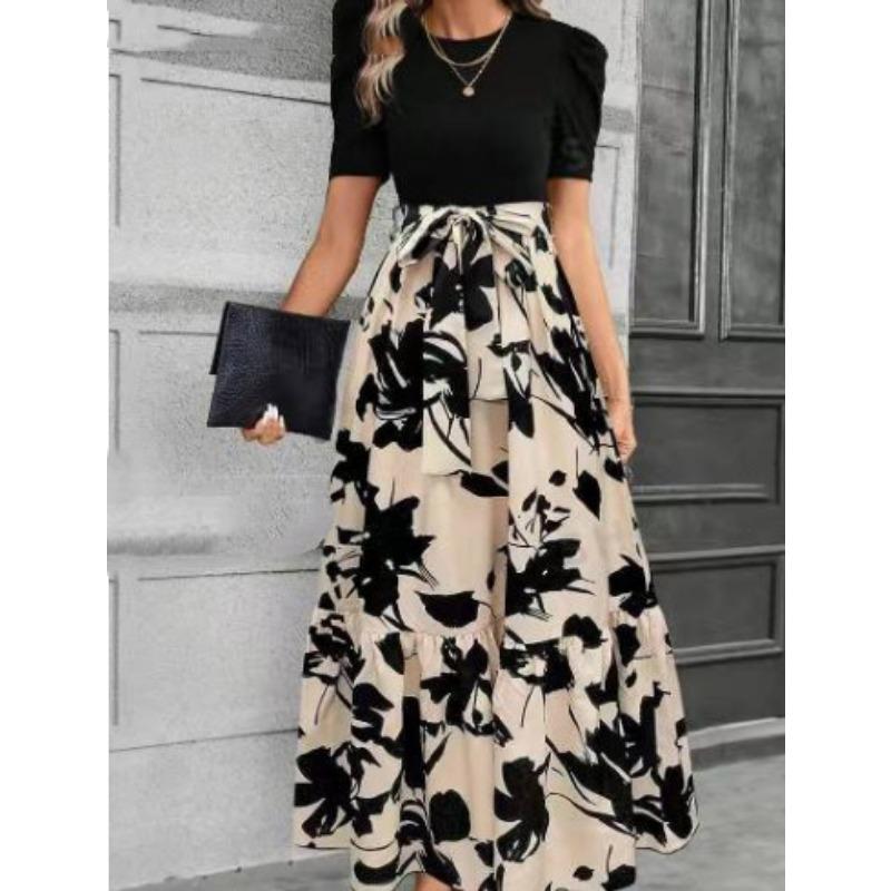 2025 Spring Summer Short Sleeve Floral Printing Elegant Dress Crew Neck Fashion Splicing Vacation Style Casual A-line Party Dress Slim Women Clothing