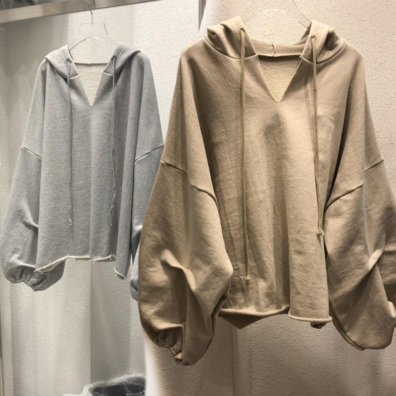 Women's Fashion Casual Solid Color V-Neck Hooded  Loose Long Sleeve Sweatshirt