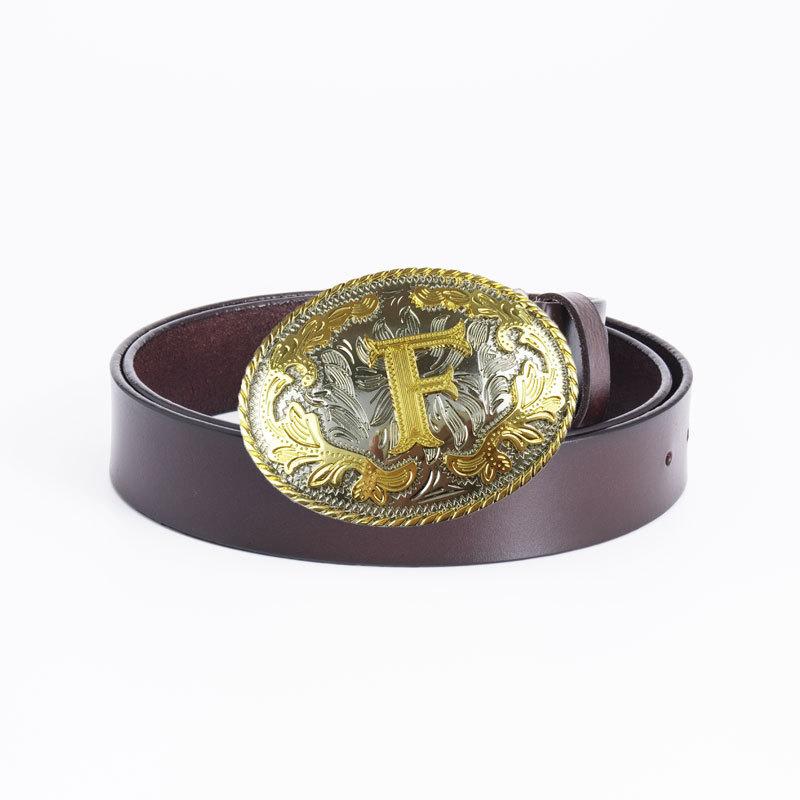 Gold Men's Belt Whole Two-layer Cowhide Fashionable Retro F Letter Belt Plate Buckle