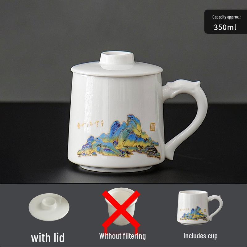 Jade White Porcelain Tea Cup with Water Separator - Large Capacity, Personal Use, High-End Office Mug for Tea Brewing