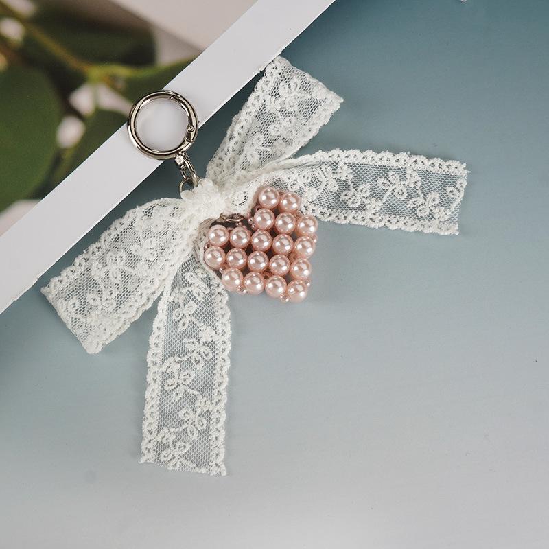 Handmade Korean Style Lace Butterfly Knot Keychain with Pearl Heart Elegant Bag Accessory Jewelry Piece from Mainland China