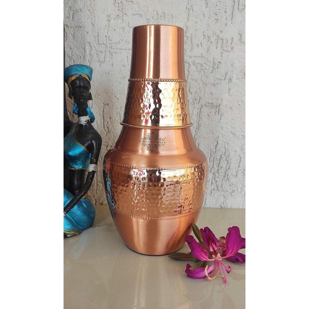 Pure Copper Printed Drinkware with Ayurvedic Health Benefits, Inbuilt Glass,  (Half Hammered Surahi Shape, 1300 ml) Set of 1