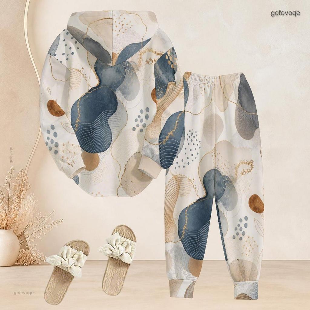 Women Plus Size Abstract Printed Long Sleeve Hooded Top Cuffed Pants Two Piece Set
