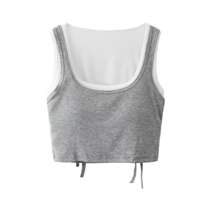 Women s Fake Two-Piece Crop Tank Top, Ribbed Cotton Sleeveless Camisole