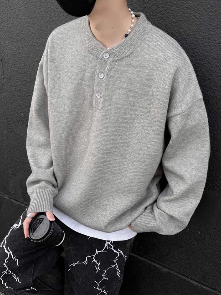 Men's High-End Retro Henley Collar Long Sleeve Knit Sweater for Autumn and Winter