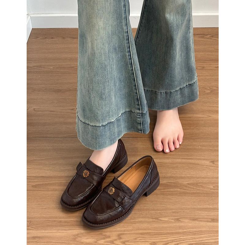 Sheepskin Version~ Genuine Leather Thick-soled Black Camellia One-pedal Loafers Women's Retro Small Leather Shoes Single Shoes