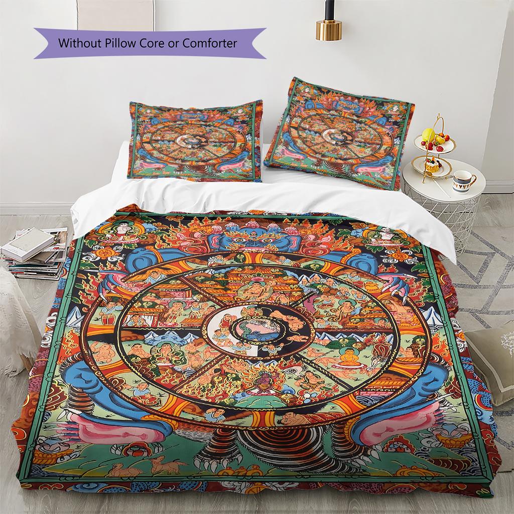 Buddhism Wheel Pattern Bedding Quilt Set Quilt Cover Pillowcase Home Decoration Gift (1 * duvet cover + 2 * pillowcase, without core)